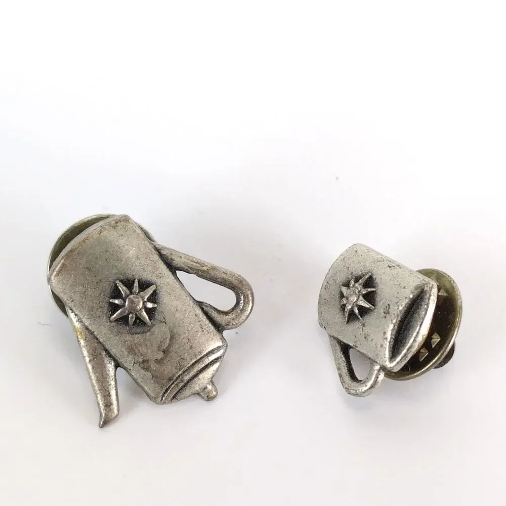 Set of 2 Pewter Coffee Tea Pot‎ & Cup Lapel Tack Pins, Converted Buttons, Star